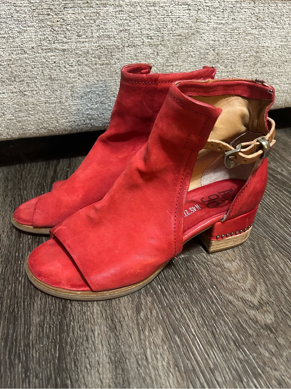 A.S.98 Morgan Ankle Buckle Sandal Womens Size 8 38 Red Leather Peep Toe Boots